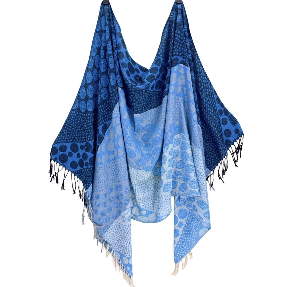 Pashmina Blue Polka Dot Rose Scarf OS Fringed Tassel Shawl Wrap Geometric